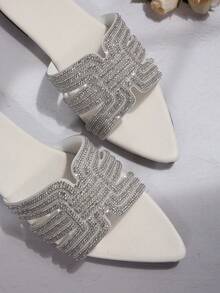 时尚休闲露趾尖头玻璃水钻平底舒适女式拖鞋凉鞋 - 白色 - 查看 8