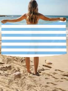 1pc Vibrant Light Blue Striped Beach Towel, Super Absorbent Microfiber Extra Large Beach Blanket, Suitable For Travel, Pool, Diving, Surfing, Yoga, Camping, Available In Multiple Sizes, Beach Accessory Beach Essentials