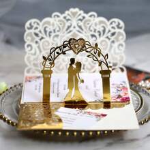 1set Heart-Shaped 3D Pop Up Wedding Invitations Card Laser Cut Tri-Fold Bride & Groom Greeting Cards For Wedding Marriage Bridal Anniversary Party Supplies, 1 Outer Cover And 2 Blank Insert