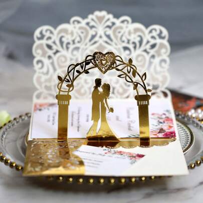 1set Heart-Shaped 3D Pop Up Wedding Invitations Card Laser Cut Tri-Fold Bride & Groom Greeting Cards For Wedding Marriage Bridal Anniversary Party Supplies, 1 Outer Cover And 2 Blank Insert