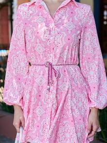 Andrea Bello Random Allover Print Belted Shirt Dress Vacation Outfits Woman  - Multicolor - View 5