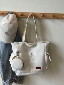 全新时尚休闲纯色帆布女士单肩包大容量手提包带零钱包 - 白色 - 查看 8