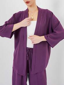 休闲纯色落肩宽松开衫和抽绳腰斜口袋修身裤套装，春秋