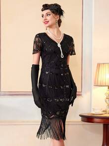 Đầm nữ thập niên 1920, đầm flapper đính sequin tua rua, trang phục thời kỳ "Roaring Twenties" (Những năm 1920 sôi động) - màu đen - Xem 10