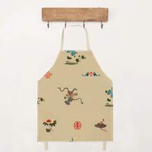 1pc Dog Letters With Chinese Style Pattern Apron, Creative And Fun Stylish Printing House Cleaning Apron, Waterproof Oil Easy Cleaning Kitchen Cooking Apron, Creative Home Apron, Work Uniform