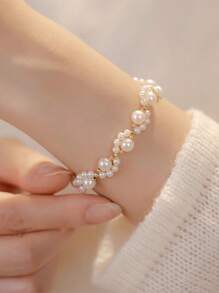 1pc Elegant Faux Pearl Braided Cat Scratch Bracelet, Fashionable Cute Bridal Accessory Gift For Friends, Mother