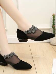 Elegant Spring & Summer Women's Rhinestone Decorated Mesh Sandals - Pointed Toe, Low Heel, Flat, Non-Slip Rubber Sole, Zip Closure, Black, Comfortable Casual