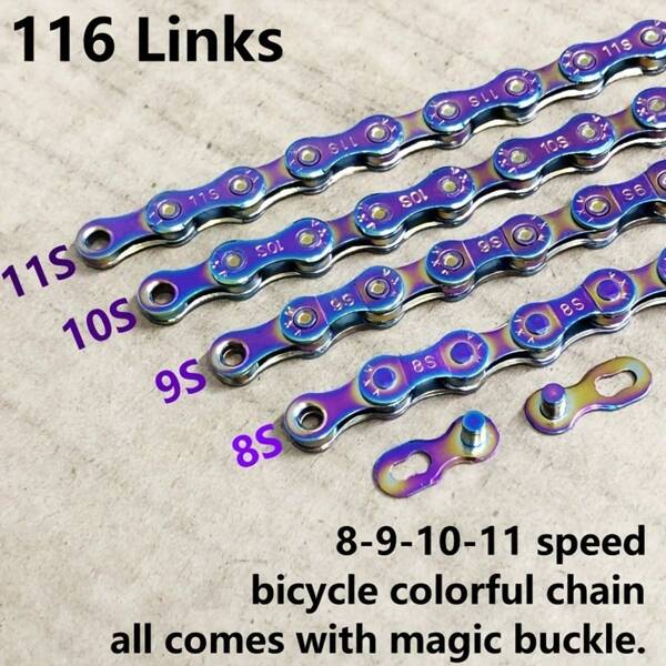 Multi-Color Bicycle Chain, Suitable For Mountain Bike And Road Bike Drivetrains, 8/9/10/11 Speed Vibrant Chains Available, High Strength Wear-Resistant Steel Material, 116 Electroplated Colored Links, Includes Quick Link, Easier Installation And Removal