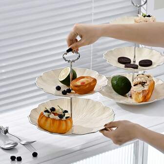 1pc Elegant Multi-Layer Cake Stand With Metal Handle And Graceful Pattern, Perfect For Birthday Party, Wedding Dessert Table