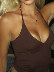 女士纯色V领性感硅胶修身街头风夏季度假派对夜店休闲露脐上衣 - 棕色 - 查看 9