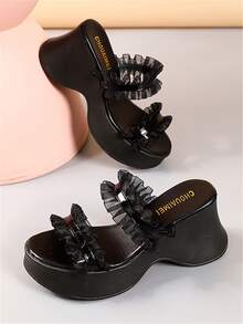 Women's Fashionable Fairy Style Round Toe Lace Ruffle Platform High Heel Slip-On Sandals - Black - View 4