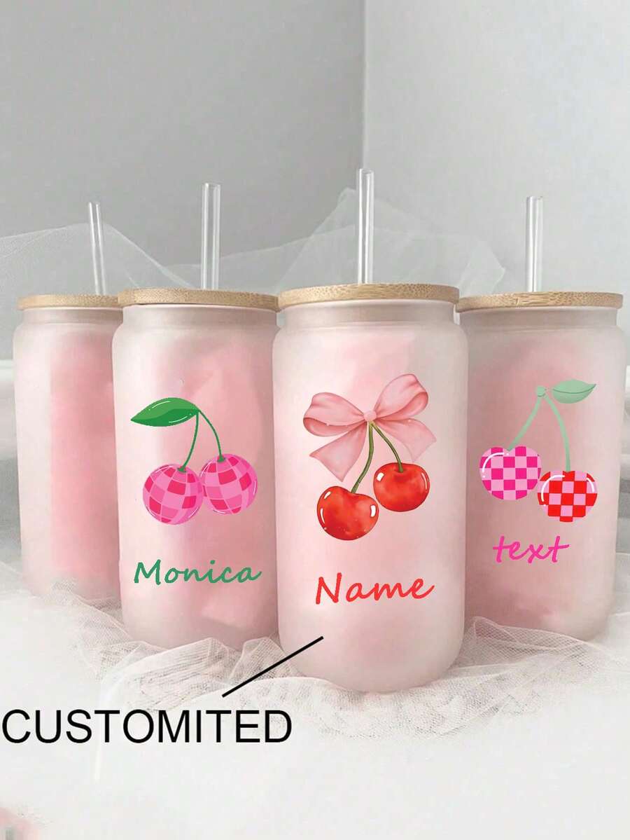 Personalized Glass Tumblers | Cherry Pattern Custom Water Cup | Bridesmaid Tumblers | Iced Coffee Cup | Personalized Gifts | Proposal Box Gifts | Birthday Gift | Bride Easy To Clean, Exquisite,High-Quality Custom,Personalized,Uniqueidealgiftsfoher,Boyfriend,Girlfriend,Dad,Mom,Family,Friends,Son,Daughter,School Students,Workers,Kids School,Home,Office,Chic Design - Multicolor - View 1