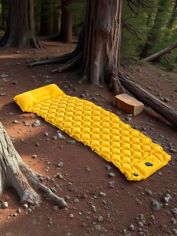 Colchón inflable para camping al aire libre, color amarillo con bomba de pie incorporada, 5 cm de grosor, ligero y conveniente, a prueba de humedad