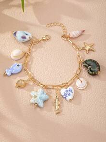 1pc BOHO Bohemia Style Shell, Turquoise Stone, Turtle, Starfish, Natural Stone Tassel Charm Bracelet, Summer Vacation Beach Style (Handmade, Shape And Color Are Random) - Multicolor - View 23