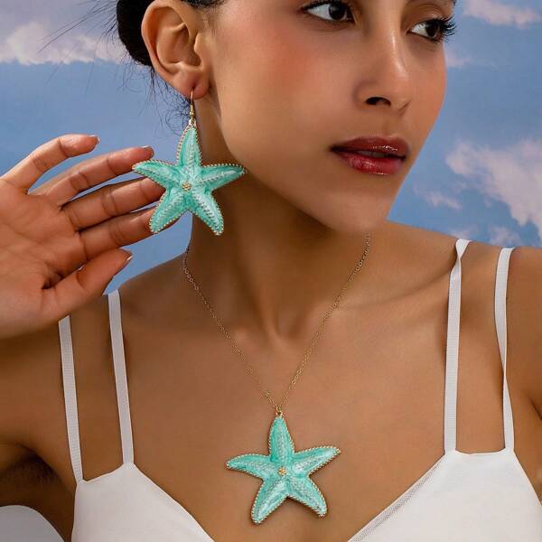 3pcs/Set Fashionable Metal Dip Dye Blue Starfish & Pentagram Pendant Necklace & Earrings Set. Luxury Elegant Enamel Alloy Ocean Beach Animal Design Jewelry Set. Suitable For Women Beach Resort Decor.