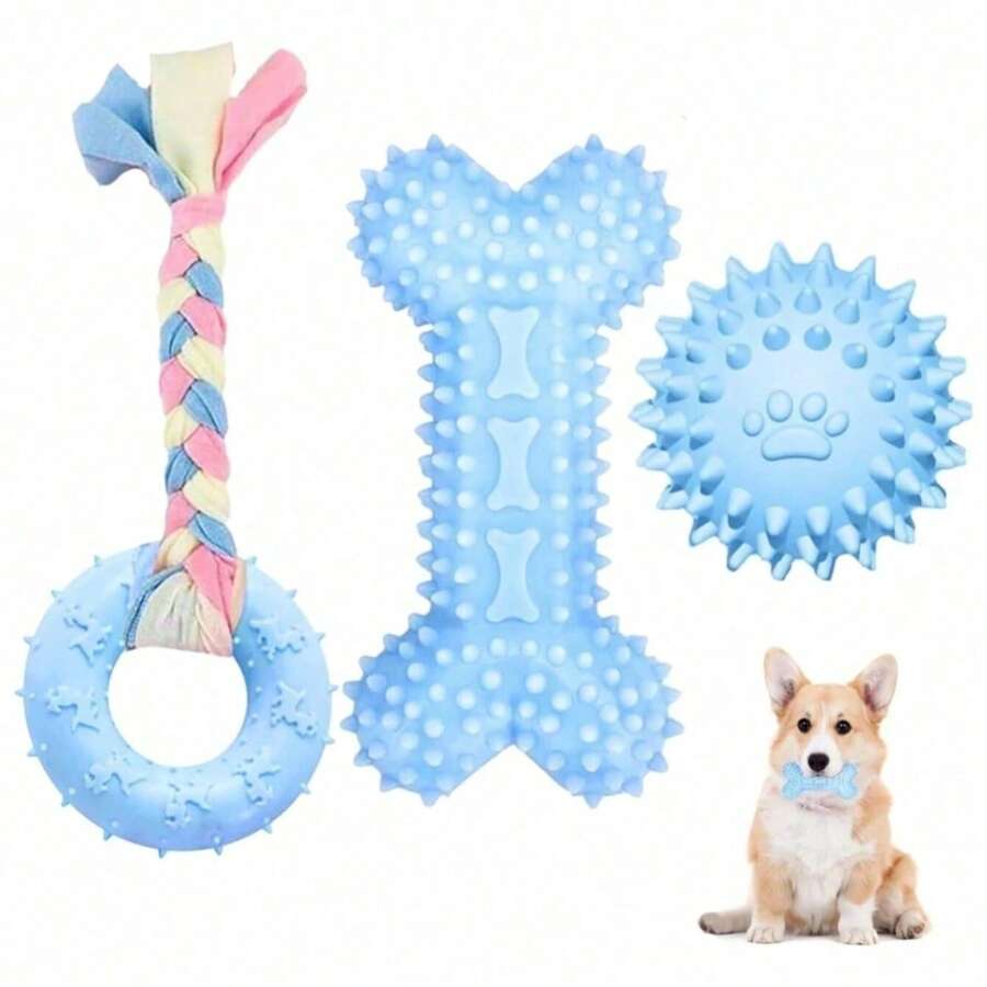 3 包幼犬咀嚼玩具，用于出牙，小狗玩具，小型犬软橡胶清洁牙齿，户外互动宠物玩具套装，耐用绳骨球幼犬出牙玩具，适合小型犬幼犬