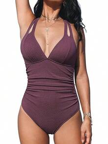 Women's Swimsuit Tummy Control Deep Double Straps Crisscross Back Tie Bathing Suit, 2025 Swimwear - 紫棕色 - 查看 1
