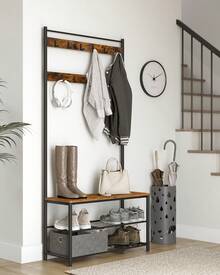 VASAGLE Garderobenständer Garderobe mit Sitzfläche, 3 Ablagen, Vintagebraun-Schwarz - Braun - Übersicht 1