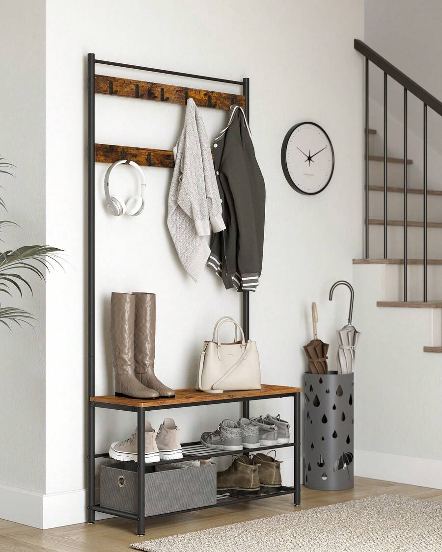 VASAGLE Garderobenständer Garderobe mit Sitzfläche, 3 Ablagen, Vintagebraun-Schwarz - Braun - Übersicht 1