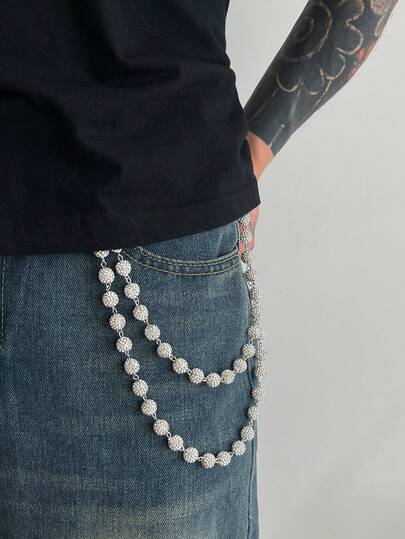 1pc Fashion Elegant Minimalist Multi-Layer Crystal Chain Waist Belt, Men's Unique Body Chain Decoration For Pants