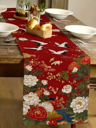 1 件中国风鹤牡丹花卉图案桌旗，亚麻面料，包含 1 个桌旗、4 个餐垫、1 个靠垫套，适用于家庭厨房装饰、室内/室外派对、主题装饰