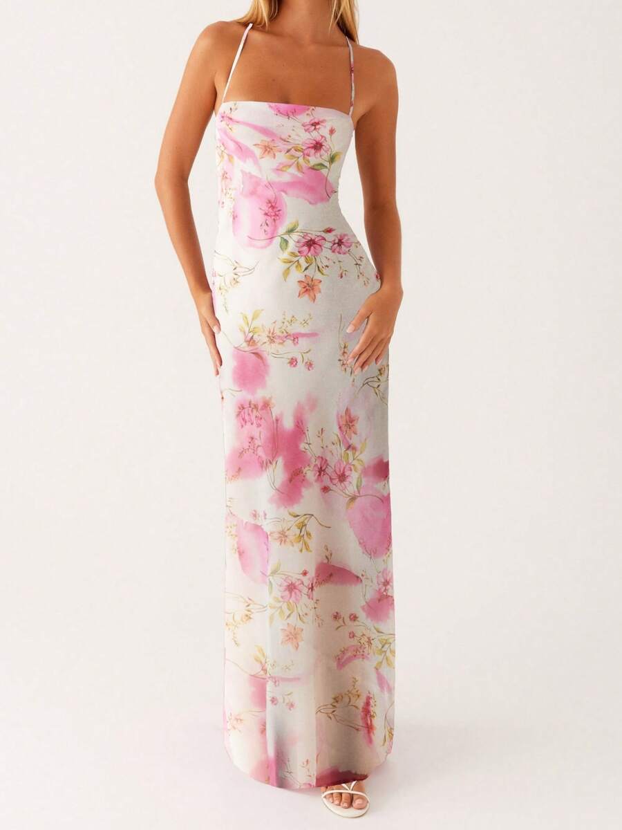 Women's Y2K Summer Maxi Dress Floral Print Sleeveless Cami Long Dress Cross Tie-Up Backless Fashion Spaghetti Strap Dress Beach Vacation Streetwear - 白色 - 查看 1