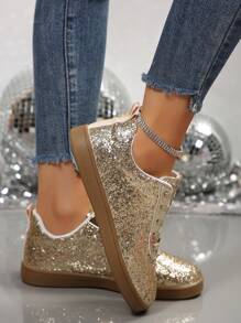 1 Pair Women's Lace-Up Glitter Flat Skateboard Shoes, Low-Top Solid Color Outdoor Sports Sneakers - Gold - View 5