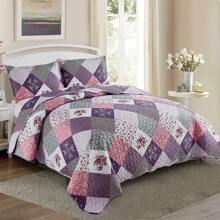 WONGS BEDDING Copriletto 220x240 cm Copriletto Patchwork Blu Copriletto Trapuntato Trapunta Motivo Fiori Copriletto in microfibra a quadri con 2 federe 50x75 cm
