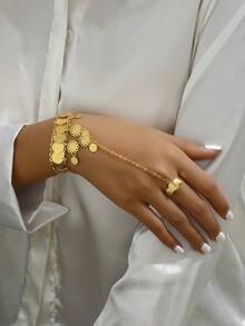 1pc Vintage Personalized Versatile Hollow Carved Multi-Layer Finger-Connected Ancient Coin Back-Of-Hand Bracelet For Women - A - View 5