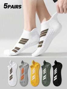 5 Pairs Classic Contrast Color Striped Lifting, Protective, Anti-Friction Design Men's Soft, Comfortable, Sweat-Absorbent, Breathable, Odor-Resistant Sports & Casual Ankle Socks - Multicolor - View 1