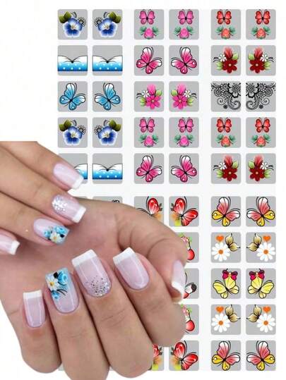 100 Adesivos de Unhas 3D Pré Pronto Desenhos Flores e Borboletas (Tem que Finalizar com Base)