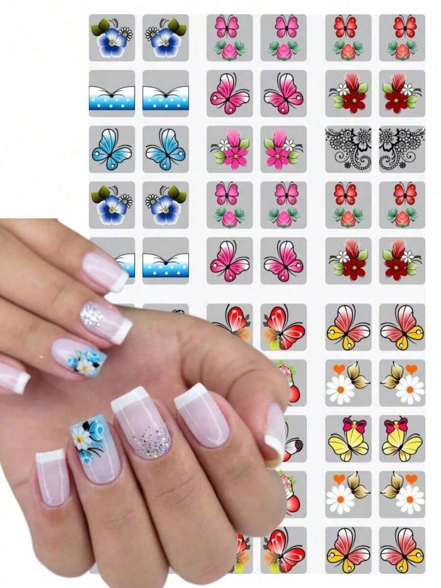 100 Adesivos de Unhas 3D Pré Pronto Desenhos Flores e Borboletas (Tem que Finalizar com Base) - Multicolorido - Visão 1