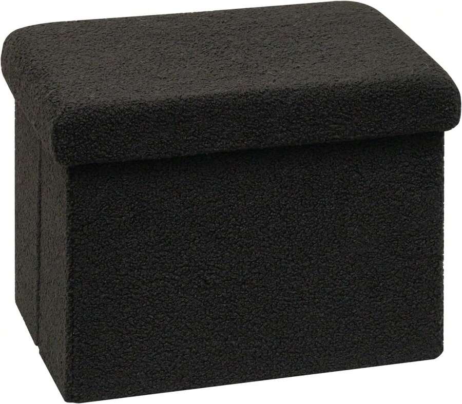 Storage Ottoman Cube Ottoman Foot Rest,Small Foldable Portable Boucle Upholstered Sherpa Ottomans, Faux Teddy Fur, Black 16.5"X12.6"X12.6" - 黑色 - 查看 1