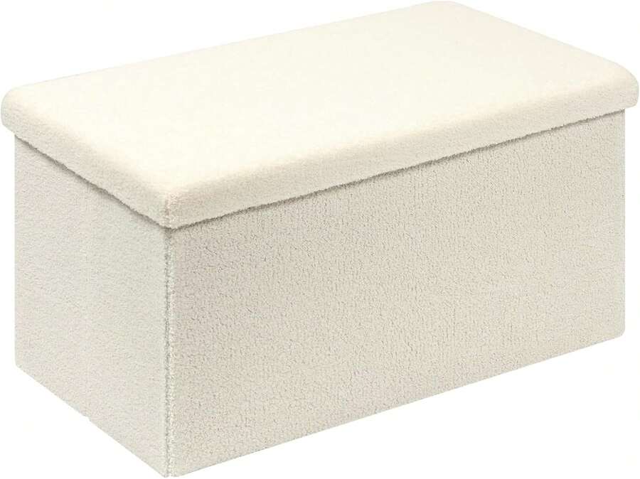 Folding Storage Ottoman Bench, White Upholstered Sherpa Ottoman, Large Storage Chest Footrest With Lids, Entryway Bench For Living Room, 31.5'' X 15.7'' X 15.7'' - 白色 - 查看 1