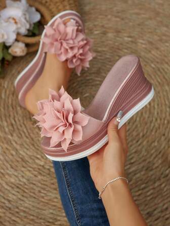 大码女式圆头编织莲花图案厚底拖鞋凉鞋，休闲时尚户外沙滩鞋，夏季