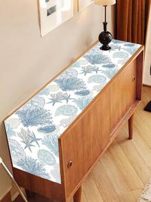 1pc Blue & White Coral Print Table Runner, Vacation Style Ocean Theme Coarse Linen Rectangular Tablecloth, Indoor Outdoor Decor Table Runner, Suitable For All Seasons, Daily Use, Weddings, Holidays, Restaurants, Living Rooms, Dining Tables - Blue and White - View 5