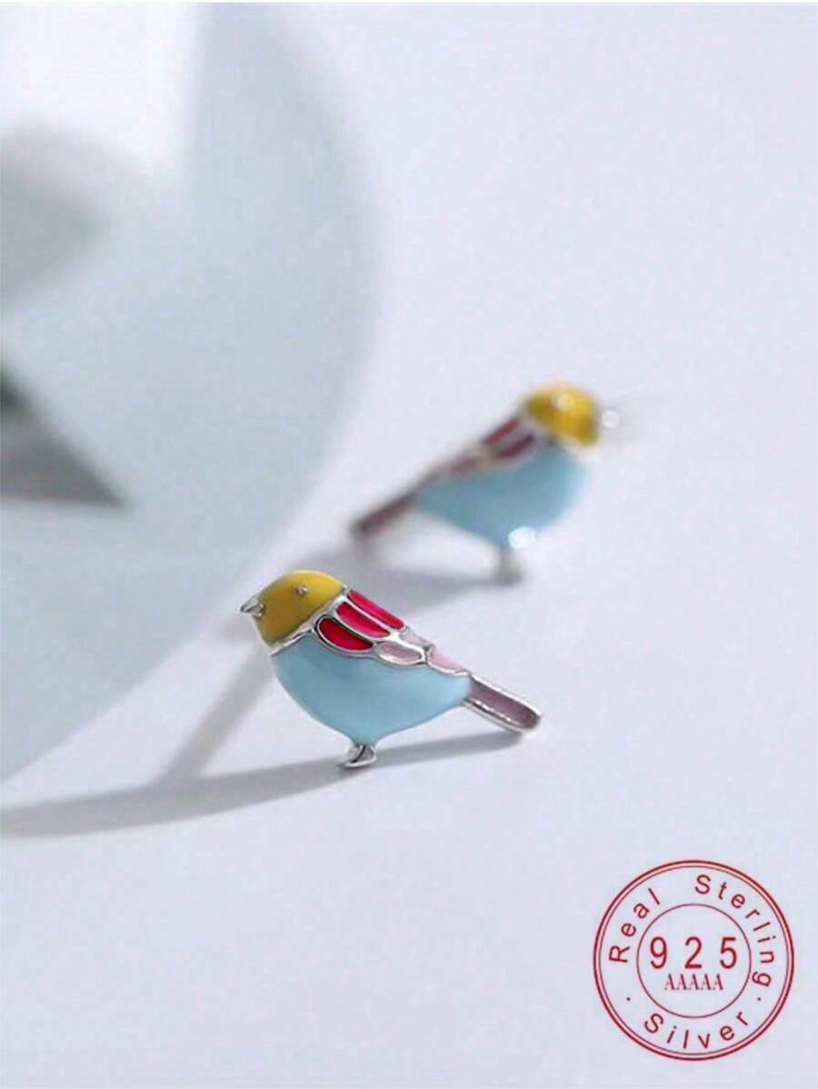 1 par de pendientes de poste de pájaro esmaltado colorido minimalista de plata de ley 925 para estudiantes femeninas