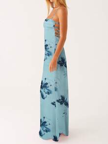 Women's Y2K Summer Maxi Dress Floral Print Sleeveless Cami Long Dress Cross Tie-Up Backless Fashion Spaghetti Strap Dress Beach Vacation Streetwear - Màu xanh lam - Xem 3