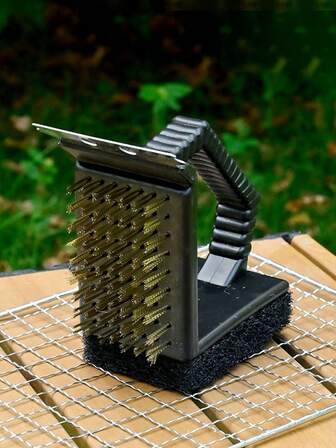 1 st rengöringsborste för utomhuscamping och grillning, 3-i-1 rätvinklig koppartrådsborste, triangulär borste för picknick och grillning