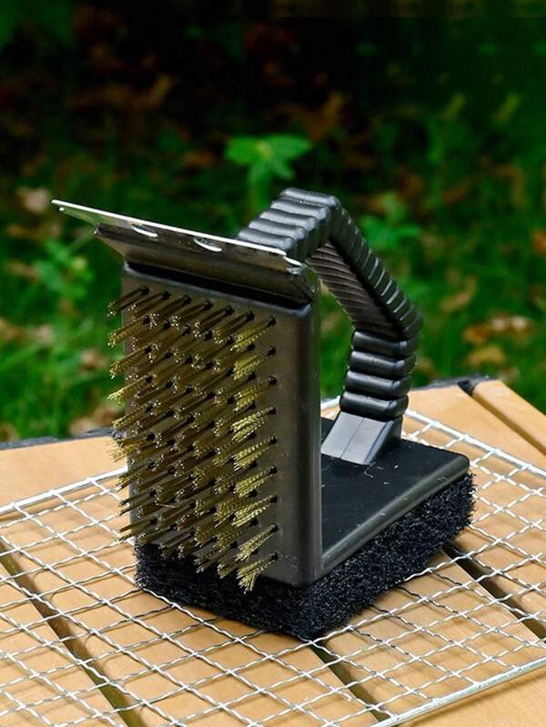 1pc Outdoor Camping BBQ Cleaning Brush, 3-In-1 Right Angle Copper Wire Brush, Triangular Brush For Picnic & Grilling