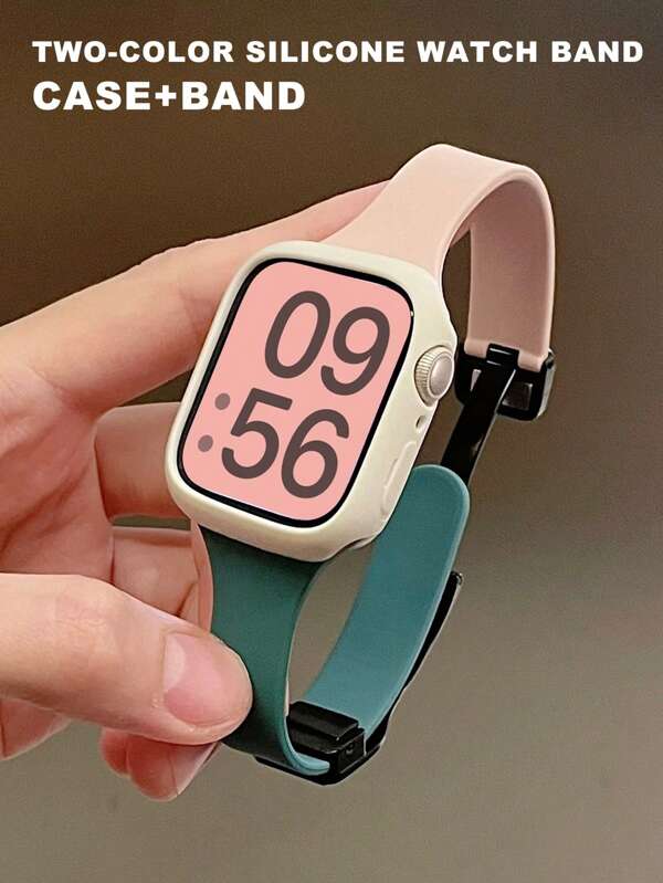 [2 en 1] Bracelet de montre en silicone + Étui de protection, Bracelet magnétique fin en silicone liquide bicolore compatible avec 10 9 8 7 6 5 4 3 SE Ultra, 38/40/41/42/44/45/46mm, confortable pour le transport, l'activité physique et le port quotidien