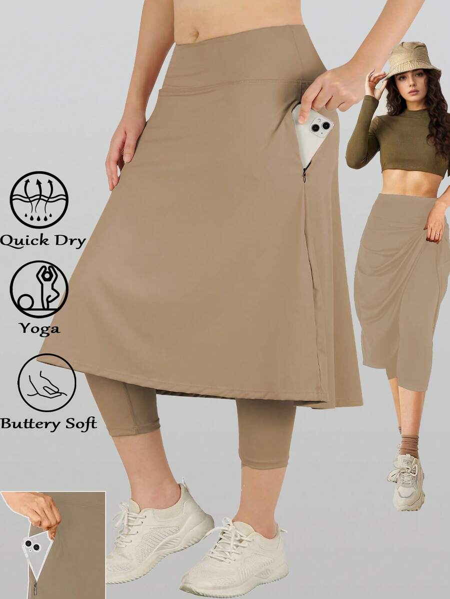 RUNONWHEELS 5 Quần thể thao nữ cạp cao dài đến đầu gối có túi, thích hợp cho tennis mùa hè. - Màu Khaki - Xem 1