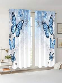 2 piezas de cortinas con estampado de mariposa en degradado azul, fabricadas en tela de poliéster transpirable, panel de privacidad elegante para la sala de estar y el dormitorio, estilo de bolsillo para barra, cortinas suaves con estampado 3D para puerta del patio, ventana de la sala de estar - Multicolor - Ver 2