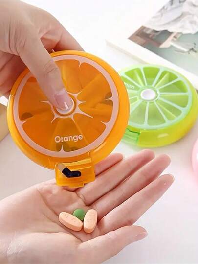 1 pieza Organizador de pastillas semanal de 7 días, Caja de pastillas portátil redonda de 7 compartimentos, Organizador de pastillas compacto de 7 días, Dispensador de pastillas en forma de naranja, Caja de medicamentos portátil y ligera, Apta para el hogar y los viajes, Soporte de pastillas de plástico con forma de fruta, Frasco de pastillas transparente giratorio, Gestión conveniente de medicamentos, Pastillero