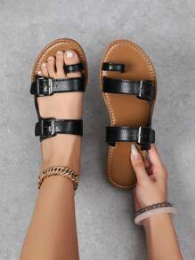 女士舒适优雅平底凉鞋，简约夏季派对休闲露趾凉鞋，户外沙滩室内休闲拖鞋女士凉鞋 - 棕黑色 - 查看 1