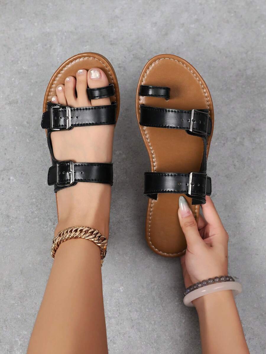 女士舒适优雅平底凉鞋，简约夏季派对休闲露趾凉鞋，户外沙滩室内休闲拖鞋女士凉鞋 - 棕黑色 - 查看 1