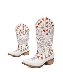 Mid-Calf Hollow Out Retro Cowgirl Boots, Western Style Flame Embroidery - White - View 4