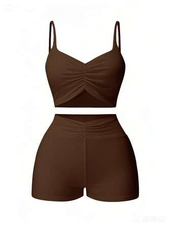 AiTyi damset med 2 delar, avslappnad, moderiktig, sexig, bekväm, rödbrun, sportig chic, lämplig för examen, skolstart, mångsidig stickad kostym med linne och shorts