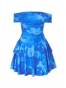 Women's Floral Print Off Shoulder Elegant Ruffle Spring/Summer Dress - Blue - View 5