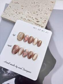 10 件短椭圆法式猫眼和优雅金色线条与闪亮元素设计闪亮 100% 手工制作按压亚克力假指甲可重复使用指甲用品包括 1 件果冻胶、1 根棒子和 1 个指甲锉适合女性日常或派对穿着 - 彩色 - 查看 11